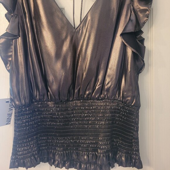 Shiny, bronze, sleeveless top with shirred waist & ruffled armholes, size M - Picture 2 of 5